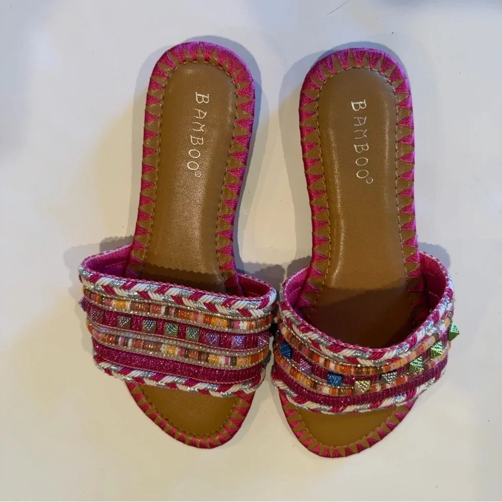 Bamboo Multicolor Beaded Slide Sandals Size 6 / EU 36 Boho Luxe Statement Slides